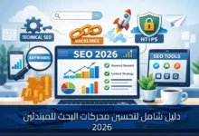 رسم توضيحي لجهاز لابتوب يعرض لوحة تحكم SEO 2026 تتضمن رسوم بيانية وأقسام بحث الكلمات المفتاحية واستراتيجية المحتوى، محاط بأيقونات تمثل السيو التقني، الروابط الخلفية، HTTPS، وأدوات السيو، مع رموز صاروخ ونقود تدل على النمو، وعنوان: دليل شامل لتحسين محركات البحث للمبتدئين 2026.