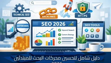 رسم توضيحي لجهاز لابتوب يعرض لوحة تحكم SEO 2026 تتضمن رسوم بيانية وأقسام بحث الكلمات المفتاحية واستراتيجية المحتوى، محاط بأيقونات تمثل السيو التقني، الروابط الخلفية، HTTPS، وأدوات السيو، مع رموز صاروخ ونقود تدل على النمو، وعنوان: دليل شامل لتحسين محركات البحث للمبتدئين 2026.