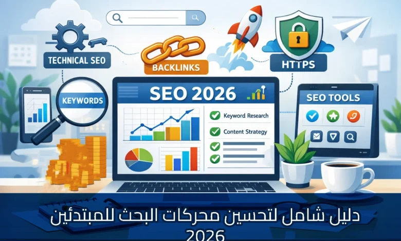 رسم توضيحي لجهاز لابتوب يعرض لوحة تحكم SEO 2026 تتضمن رسوم بيانية وأقسام بحث الكلمات المفتاحية واستراتيجية المحتوى، محاط بأيقونات تمثل السيو التقني، الروابط الخلفية، HTTPS، وأدوات السيو، مع رموز صاروخ ونقود تدل على النمو، وعنوان: دليل شامل لتحسين محركات البحث للمبتدئين 2026.