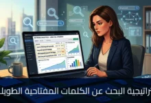 رسم توضيحي لكاتبة محتوى تعمل على لاب توب يوضح هيكلية مقال (H1, H2) حول أدوات الإنتاجية. تظهر في الخلفية شاشات تحليلية لأداء الموقع لعام 2026 ونباتات زينة، مع كوب قهوة مكتوب عليه "وقود كاتب السيو". نص سفلي: "طريقة كتابة محتوى متوافق مع SEO في 2026 – دليل شامل".