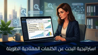 رسم توضيحي لكاتبة محتوى تعمل على لاب توب يوضح هيكلية مقال (H1, H2) حول أدوات الإنتاجية. تظهر في الخلفية شاشات تحليلية لأداء الموقع لعام 2026 ونباتات زينة، مع كوب قهوة مكتوب عليه "وقود كاتب السيو". نص سفلي: "طريقة كتابة محتوى متوافق مع SEO في 2026 – دليل شامل".