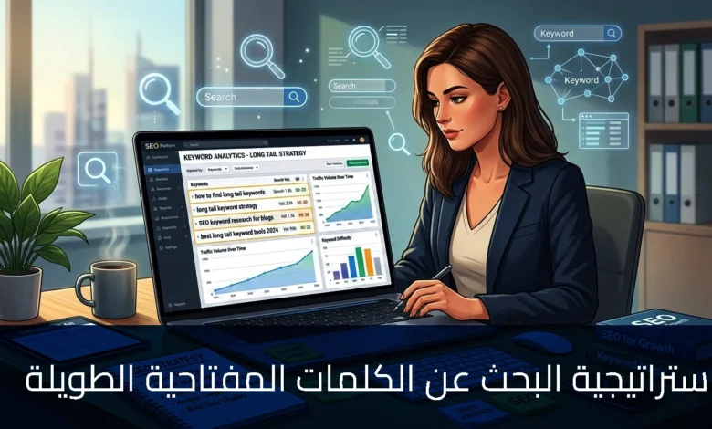 رسم توضيحي لكاتبة محتوى تعمل على لاب توب يوضح هيكلية مقال (H1, H2) حول أدوات الإنتاجية. تظهر في الخلفية شاشات تحليلية لأداء الموقع لعام 2026 ونباتات زينة، مع كوب قهوة مكتوب عليه "وقود كاتب السيو". نص سفلي: "طريقة كتابة محتوى متوافق مع SEO في 2026 – دليل شامل".