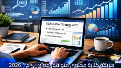 صورة فوتوغرافية من منظور الشخص الأول تظهر يدين تعملان على لوحة مفاتيح جهاز كمبيوتر محمول على مكتب خشبي. تظهر على شاشة الجهاز قائمة بعنوان "SEO Content Strategy 2026" تتضمن نقاطاً حول نصائح البحث عن الكلمات المفتاحية وتقنيات السيو داخلي (On-Page SEO). يحيط بالكمبيوتر دفتر ملاحظات يحمل عنوان "SEO Goals"، ونظارة طبية، وفنجان قهوة، مع خلفية رقمية لرسوم بيانية زرقاء وأيقونة "SEO". يوجد في أسفل الصورة نص باللون الأبيض يقول: "طريقة كتابة محتوى متوافق مع SEO في 2026".