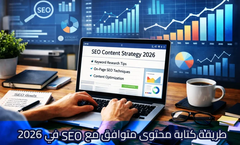 صورة فوتوغرافية من منظور الشخص الأول تظهر يدين تعملان على لوحة مفاتيح جهاز كمبيوتر محمول على مكتب خشبي. تظهر على شاشة الجهاز قائمة بعنوان "SEO Content Strategy 2026" تتضمن نقاطاً حول نصائح البحث عن الكلمات المفتاحية وتقنيات السيو داخلي (On-Page SEO). يحيط بالكمبيوتر دفتر ملاحظات يحمل عنوان "SEO Goals"، ونظارة طبية، وفنجان قهوة، مع خلفية رقمية لرسوم بيانية زرقاء وأيقونة "SEO". يوجد في أسفل الصورة نص باللون الأبيض يقول: "طريقة كتابة محتوى متوافق مع SEO في 2026".