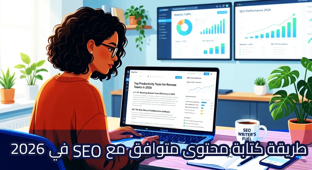 رسم توضيحي (Illustration) لامرأة ذات شعر مجعد ونظارات تجلس أمام جهاز كمبيوتر محمول وتكتب مقالاً بعنوان "Top Productivity Tools for Remote Teams in 2026" مع إظهار بنية العناوين H1 و H2. تظهر في الخلفية شاشتان كبيرتان تعرضان لوحات تحكم تحليلية لبيانات الزوار وأداء السيو لعام 2026. يتواجد على المكتب نباتات زينة، هاتف ذكي، وفنجان قهوة مكتوب عليه "SEO WRITER'S FUEL". في الجزء السفلي من الصورة، يوجد شريط داكن يحمل نصاً أبيض: "طريقة كتابة محتوى متوافق مع SEO في 2026 – دليل شامل".