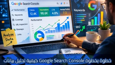 رجل يجلس أمام حاسوب محمول يعرض لوحة تحكم Google Search Console تحتوي على بيانات الأداء مثل عدد النقرات ومرات الظهور ونسبة النقر إلى الظهور ومتوسط الترتيب، مع رسوم بيانية توضح نمو الزيارات والكلمات المفتاحية، بينما يمسك بقلم ويكتب ملاحظات بعنوان SEO Improvement، وتظهر عبارة: خطوة بخطوة Google Search Console كيفية تحليل بيانات.
