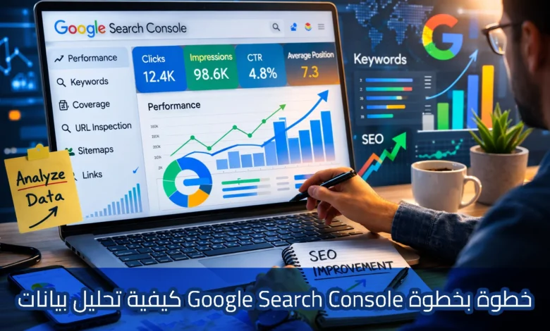 رجل يجلس أمام حاسوب محمول يعرض لوحة تحكم Google Search Console تحتوي على بيانات الأداء مثل عدد النقرات ومرات الظهور ونسبة النقر إلى الظهور ومتوسط الترتيب، مع رسوم بيانية توضح نمو الزيارات والكلمات المفتاحية، بينما يمسك بقلم ويكتب ملاحظات بعنوان SEO Improvement، وتظهر عبارة: خطوة بخطوة Google Search Console كيفية تحليل بيانات.