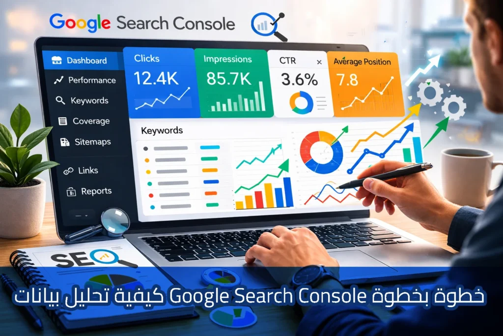 رجل يجلس أمام حاسوب محمول يعرض لوحة تحكم Google Search Console تحتوي على بيانات الأداء مثل عدد النقرات ومرات الظهور ونسبة النقر إلى الظهور ومتوسط الترتيب، مع رسوم بيانية توضح نمو الزيارات والكلمات المفتاحية، بينما يمسك بقلم ويكتب ملاحظات بعنوان SEO Improvement، وتظهر عبارة: خطوة بخطوة Google Search Console كيفية تحليل بيانات.